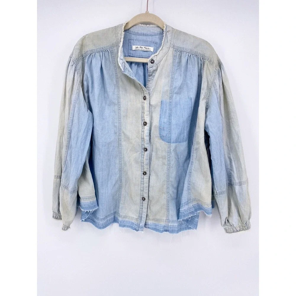 We The Free People Set Sail Denim Top XS Button Shirt Bleached Distressed NWT - Picture 2 of 9